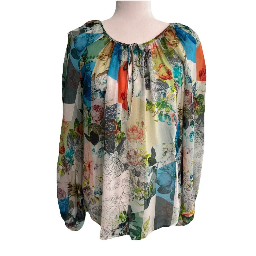 LEIFSDOTTIR Silk Top Womens 4 Blue Colorful Botanical Ballon Sleeve Art To Wear